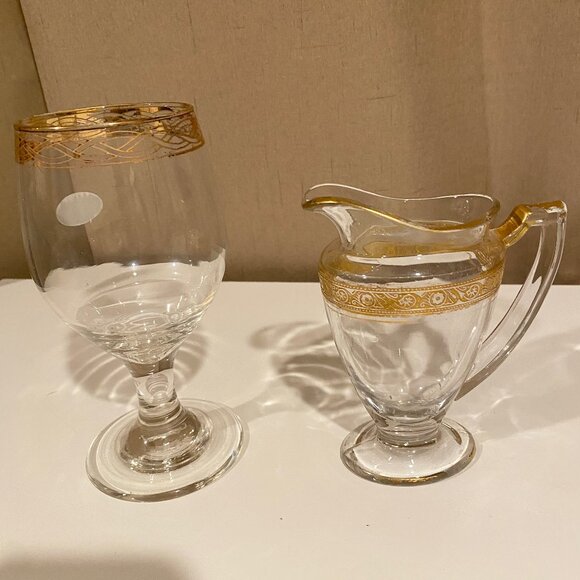 Vintage Wine Goblet & Carafe Set with Gold Leaf Band, Made in Italy, Elegant Déc - Picture 1 of 7